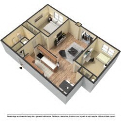 Floor plan for 2 beds, 1 bath, 807 sqft